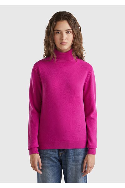 United Colors of Benetton Pulover de damă fucsia - guler ridicat, 100% merinos