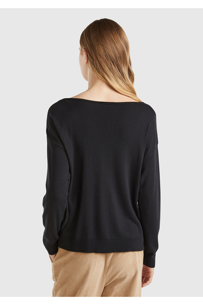 United Colors of Benetton Μαύρο βαμβακερό και μοντάλ μείγμα - Rib Boat Neck Γυναικείο πουλόβερ