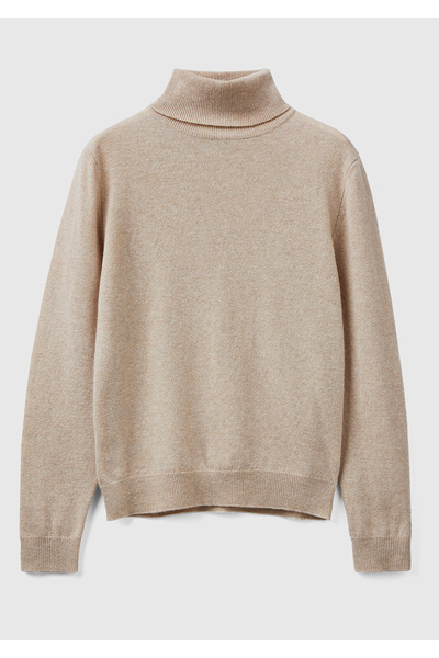 United Colors of Benetton Γυναικείο πουλόβερ Merino Milk Brown Melange - Stand Collar