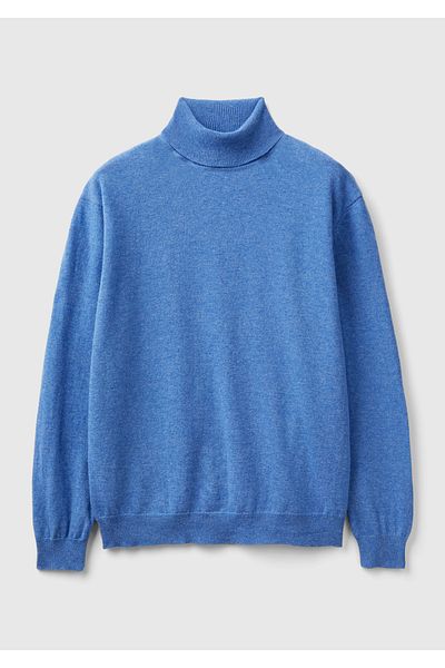 United Colors of Benetton Pulover albastru pentru bărbați, cu gât înalt, din merinos
