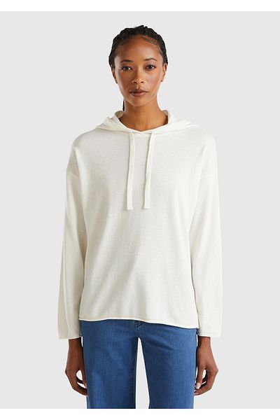 United Colors of Benetton Pulover de damă cu glugă din cașmir vanilie