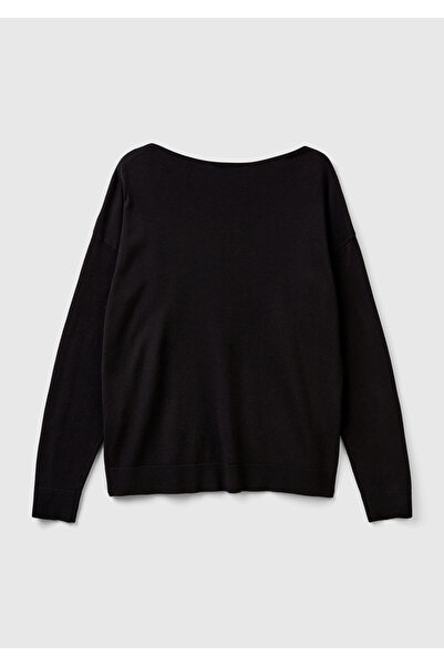 United Colors of Benetton Μαύρο βαμβακερό και μοντάλ μείγμα - Rib Boat Neck Γυναικείο πουλόβερ