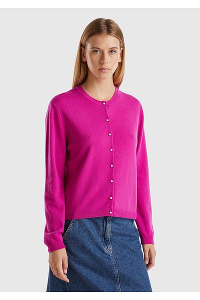 United Colors of Benetton كارديجان ميرينو نسائي باللون الفوشيا - رقبة دائرية وأزرار لؤلؤية