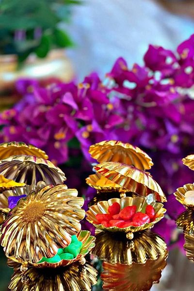 LUCKYHOMES Metal Coffee Colored Muscle Oyster Model - Side Macarons and Turkish Delights Dragee Set of 6 - 7 cm Gold