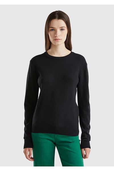 United Colors of Benetton Pulover de damă negru cu gât crew 100% merinos