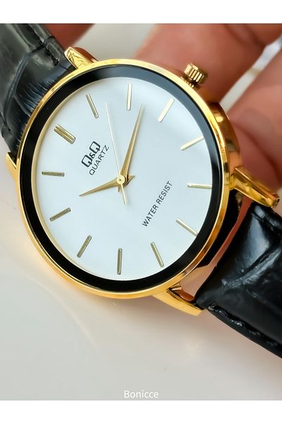 Q&Q Brand Black Leather Strap Waterproof, Men's Wristwatch + bracelet