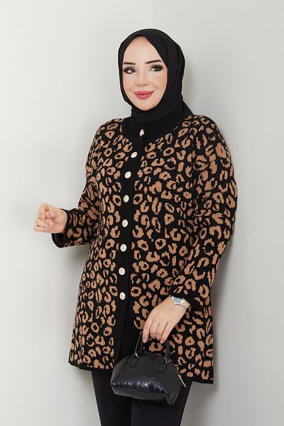 Pamuk Butik Women's Leopard Patterned Knitwear Cardigan