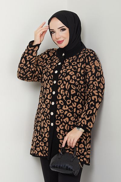 Pamuk Butik Women's Leopard Patterned Knitwear Cardigan