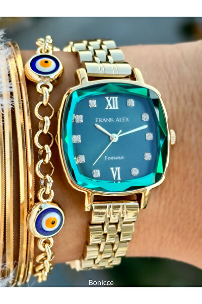 Frank Alex Ferrucci̇ By. Women's Wrist Watch Bracelet with Yellow Color Steel Band Cutout Glass and Emerald Green Dial