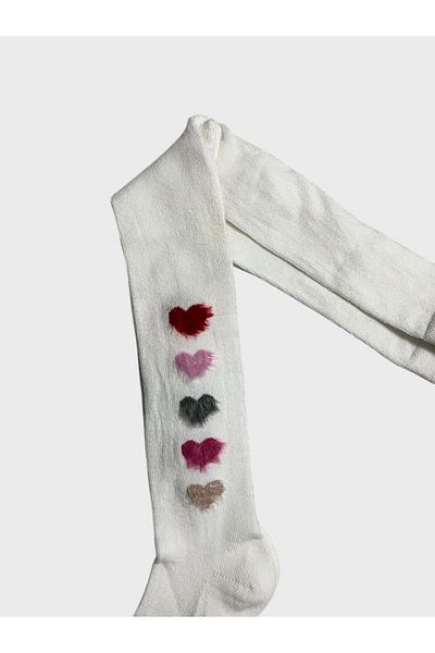 ALİŞ KİDS Girl's Cotton Washed Perfumed Hairy Heart Patterned White Pantyhose
