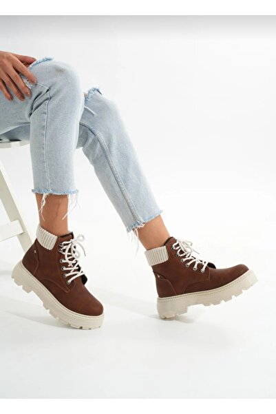 MODA Taba Kahverengi Beyaz Kalın Taban Süet Su Geçirmez Kadın Günlük Bot