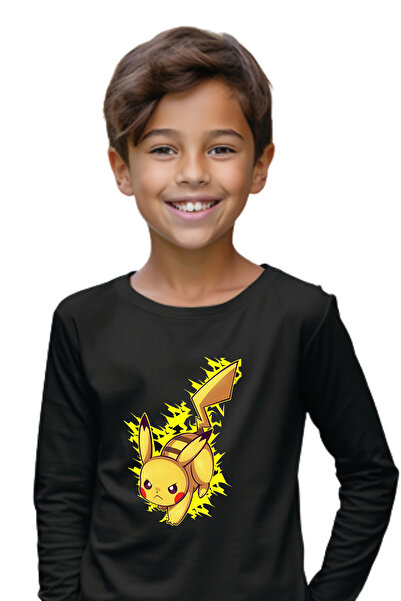 Texclusive تي شيرت أسود للأطفال بوكيمون بيكاتشو - كم طويل