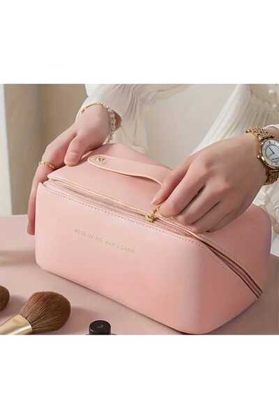 zyc Geantă portabilă de machiaj din piele, rezistentă la apă, de mare capacitate