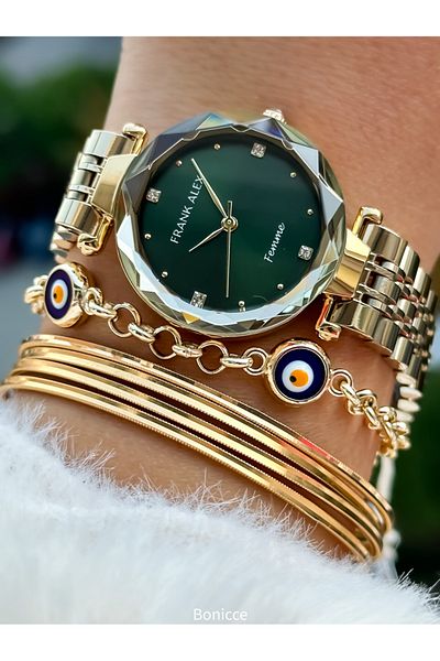 Frank Alex Ferrucci̇ By. - Women's Wrist Watch Bracelet with Yellow Color Steel Band and Green Dial