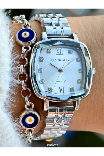 Frank Alex Ferrucci̇ By. Silver Color Women's Wrist Watch & Bracelet - Steel Cord & Cutout Glass