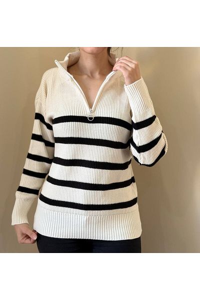 Butik Pulover de damă, bej, cu fermoar, tricotaj în dungi