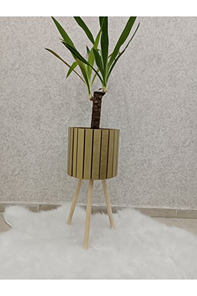 BLACK PEARL Gold Ahşap Ayaklı Saksı Sepeti Halat Saksı Hasır Saksı