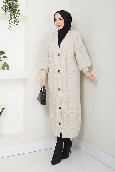 Pamuk Butik Γυναικεία Μπαλόνι Μακριά Πλεκτή Ζακέτα με Κουμπιά