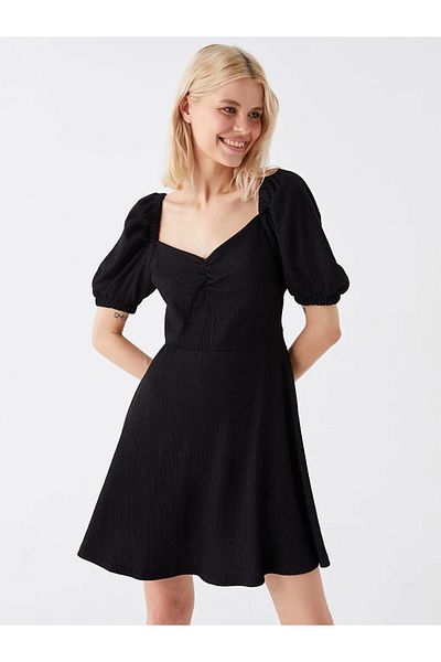 LC Waikiki Lcw Vision Black Sweetheart Neck Straight Short Sleeve Women's Dress