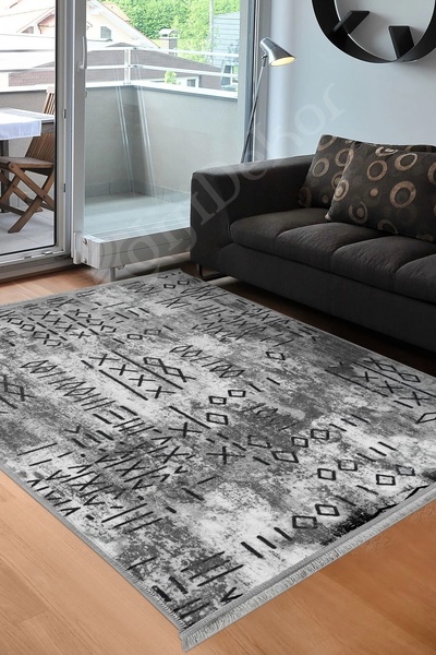 Dijidekor Halı Gri Iskandinav Yıkanabilir Saçaklı Delüxe Kesme Yolluk Kilim S...