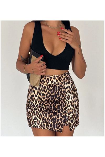 MAROVOAY Leopard Print Plus Size Single Slit Shorts Skirt