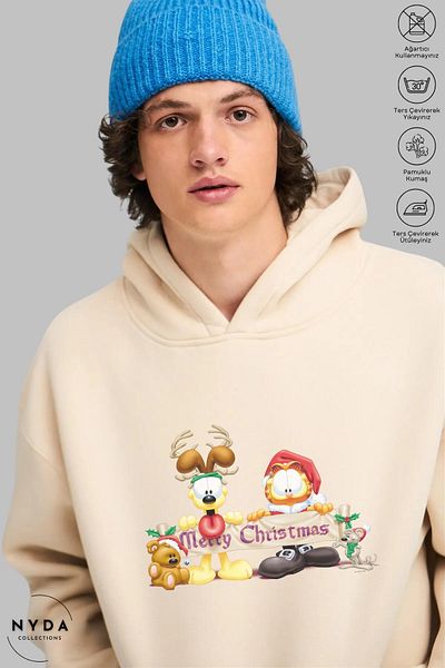 Nyda Collections Unisex Hooded Hoodie - Μακρυμάνικο, Χριστουγεννιάτικο Πρωτοχρονιάτικο εμπριμέ, Oversize βαμβακερό φούτερ