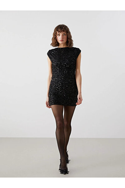 LC Waikiki LCW Vision Siyah Bisiklet Yaka Pul Payetli Kadın Elbise