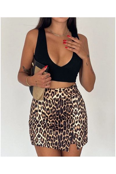 MAROVOAY Leopard Print Plus Size Single Slit Shorts Skirt