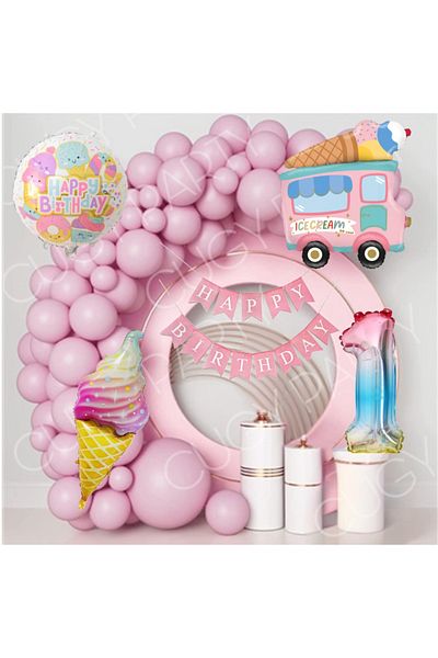 CUGY Girl Birthday Decoration Party Set Concept Pink Balloon Chain and Foil Set with Ice Cream Car and Cone