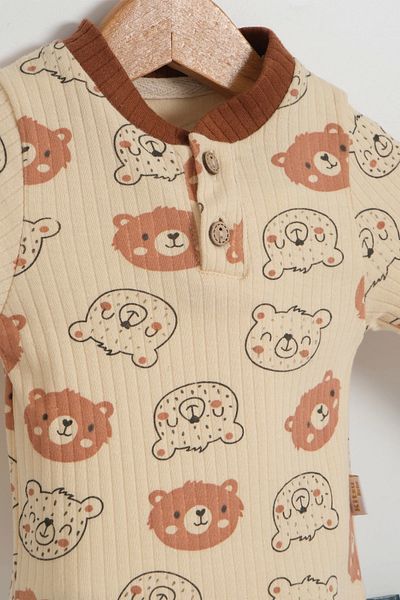 LOGO AKSESUAR Beige Colored Bear Patterned 100% Cotton Children's Set - Top and Bottom Set
