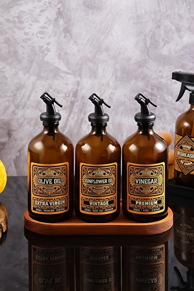 TheBRo 500ML Amber Renkli Cam Vintage Ahşap Stantlı Yağdanlık Seti Zeytinyağı...