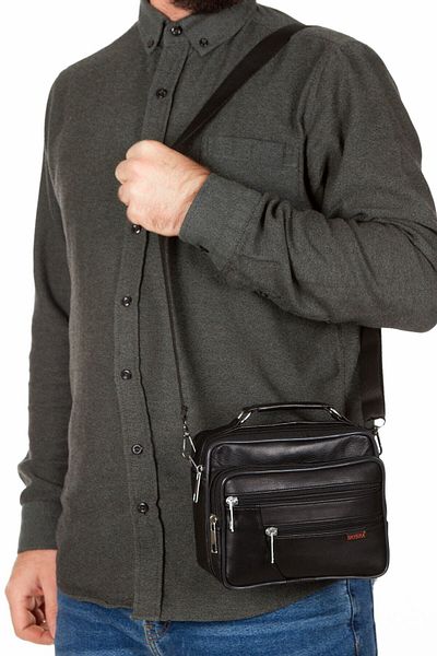 Newish Men's Black Genuine Leather Crossbody Hand and Shoulder Bag (Middle Size)