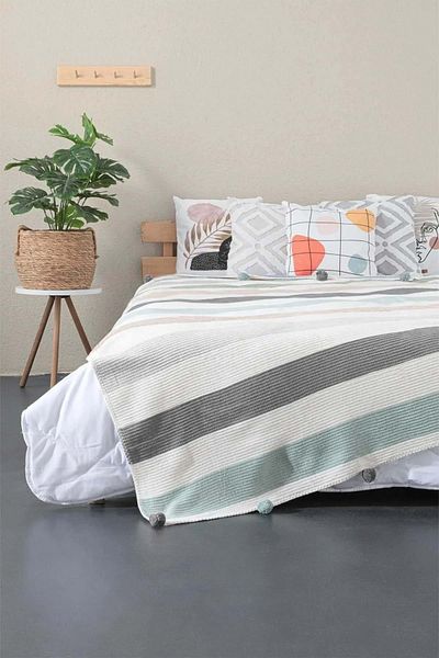 Romans 200X220 cm Pamme Gray Blanket with Pompom Special Bag