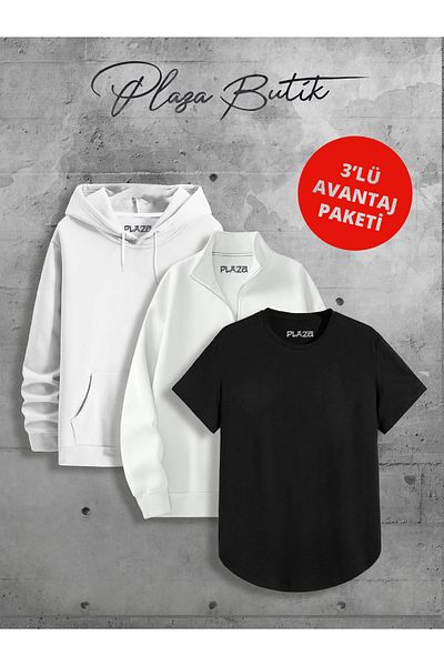 Plaza Butik Unisex 3 Thread Half Zip Sweatshirt/ Hooded Sweatshirt/ Bottom Oval T-Shirt 3-Piece Advantage Pack