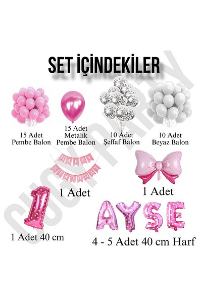 CUGY Girl's Birthday Decoration Party Set Pink Transparent White Balloon Set with Custom Name Written Pink Ribbon
