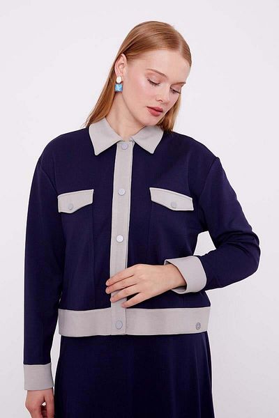 Levidor Navy Blue-Grey Shirt Collar Snap Closure Combed Cotton Skirt Suit