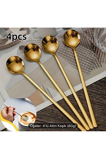 MASLAN 4'lü Kaşık seti,Altın rengi paslanmaz Tatlı Kaşığı 4 adet