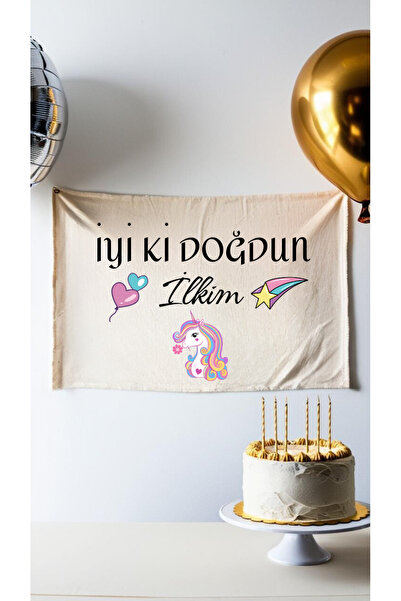Puppetzzz Unicorn İsme Özel Doğum Günü Flaması Arka Fon Afiş 60x100cm