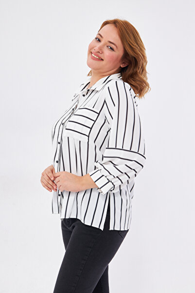 UNIQUE LADY قميص مخطط بجيب صغير وكبير الحجم