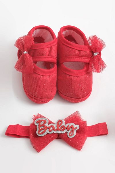 LOGO AKSESUAR 0-3 Months Red Lace Glitter Baby Bandana and Booties Set