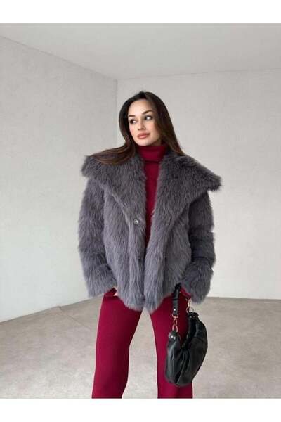 Glysso Özel Tasarım Premium Peluş Suni Kürk Ceket Mont Antrasit