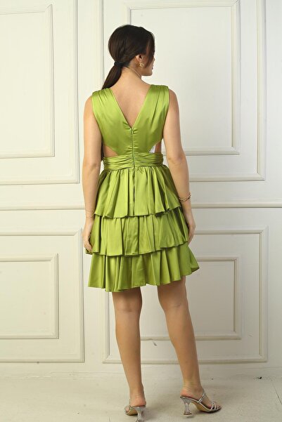 By Saygı Women's Front Back V Neck Low-Cut Low-Cut Lined Layered Satin Short Dress