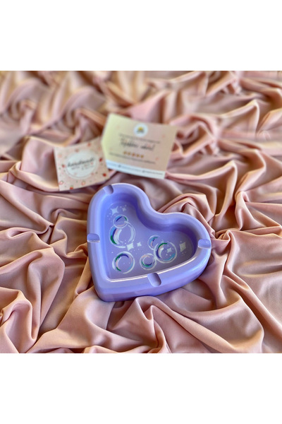 Handmade Dekoratif Baloncuk Temalı Mor Kalp Küllük - Hediyelik Küllük