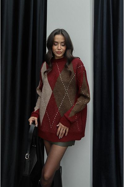 Havoş Pulover mare roșu Claret cu model diamantat