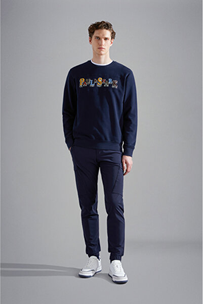 PAUL&SHARK Erkek Regular Fit Bisiklet Yaka Çok Renkli İşleme Desenli Pamuklu Uzun Kollu Mavi Sweatshirt 1431183
