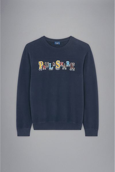 PAUL&SHARK Men's Blue Sweatshirt - Crew Neck, Multicolor Embroidery Pattern, Cotton, Long Sleeve 1431183