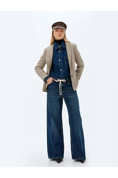 Koton Îmbrăcăminte pentru femei Koton X Sima Tarkan - Pantaloni din denim cu șireturi cu fundă 5WAL40208MD Indigo închis