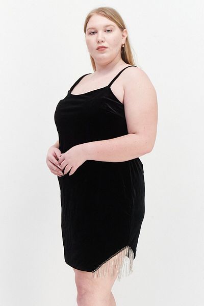 City Studio Women Trendy Plus Size Velvet Rhinestone Fringe Mini Dress, Black