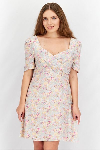 NA-KD Women Floral Short Sleeve Mini Dress, Ivory