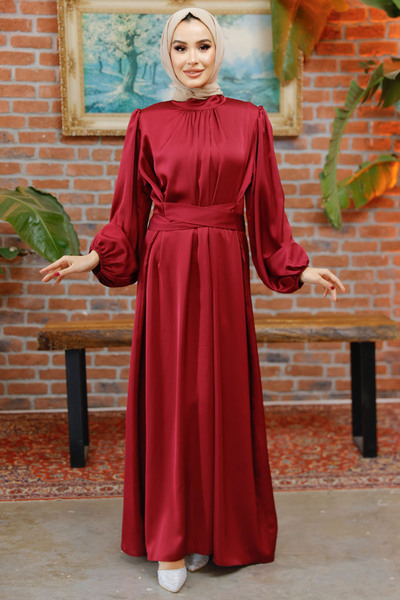 Nursima 6372 Kuşaklı Saten Tesettür Abiye Elbise